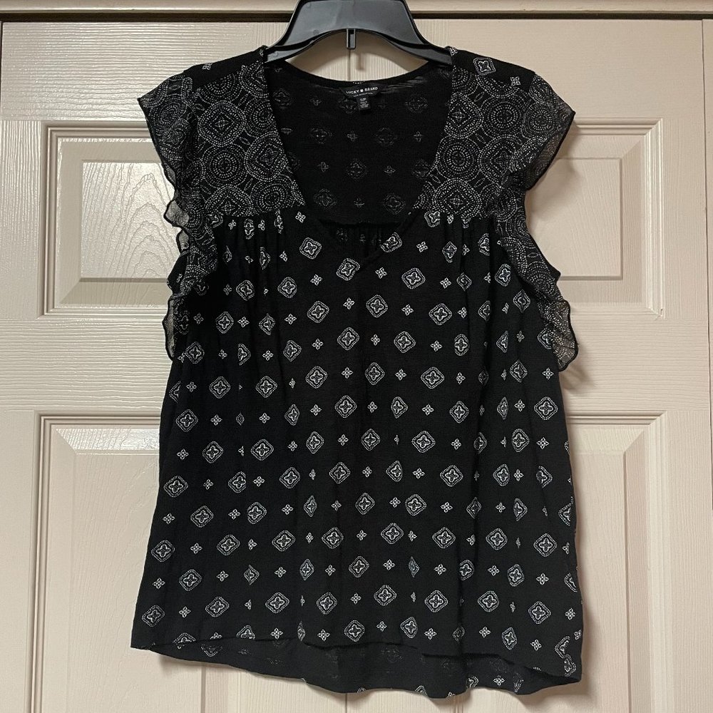 Lucky Brand black boho top, flutter sleeves, white dots, v-neck, summer Size S